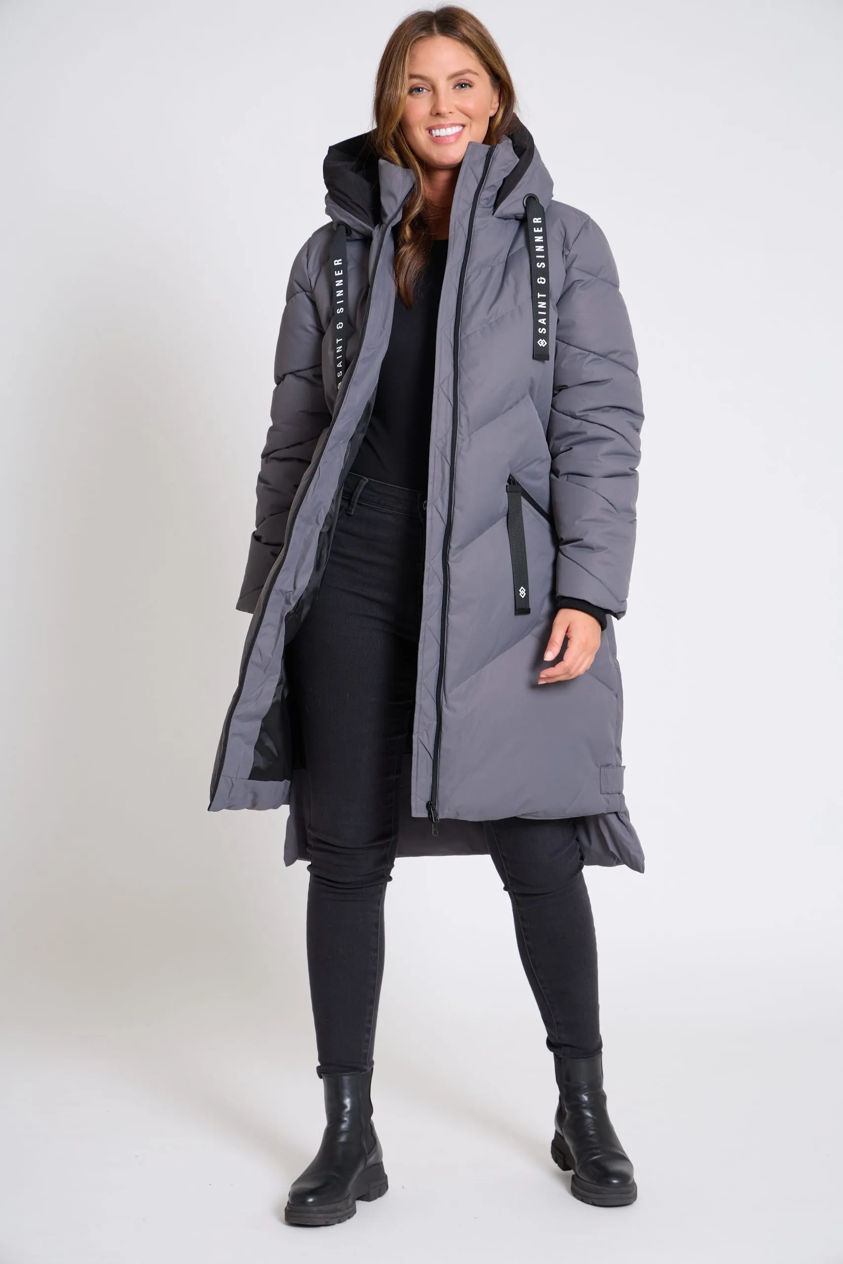 Long Padded Grey & White Hooded Winter Coat for Women