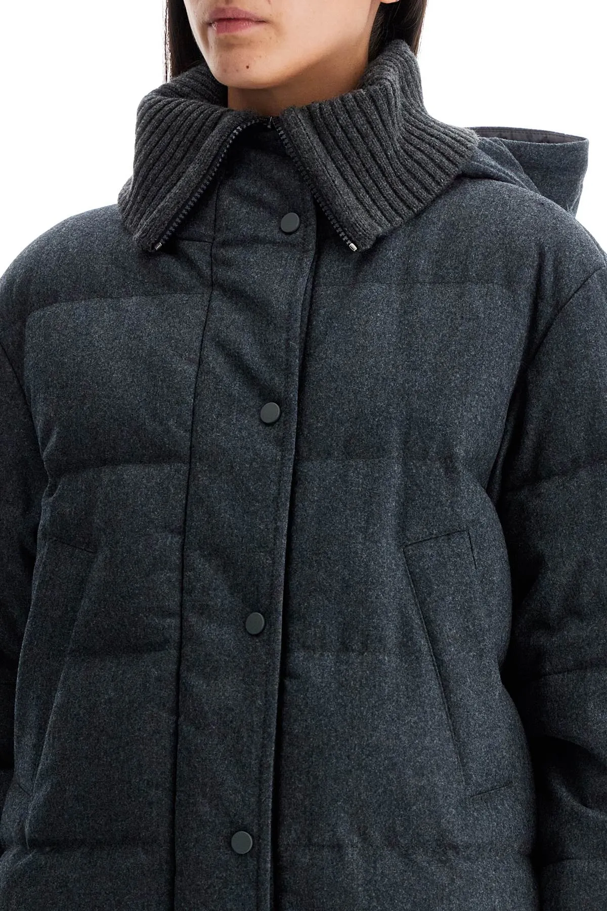 Wool Down Jacket Hood Grey - Brunello Cucinelli