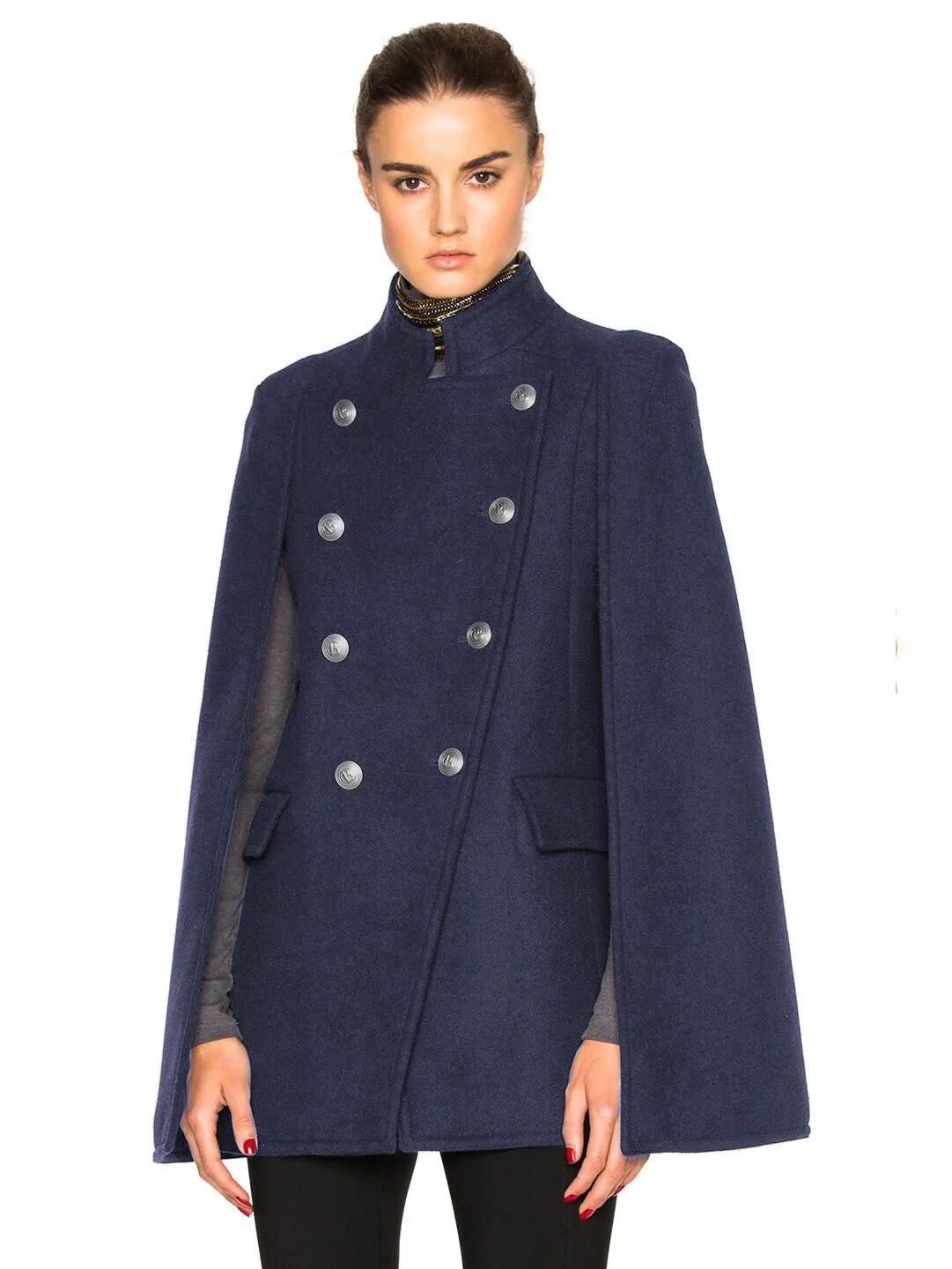 Woolen Women's Dark Navy Double Breasted Poncho Coat Winter Outerwear 2024